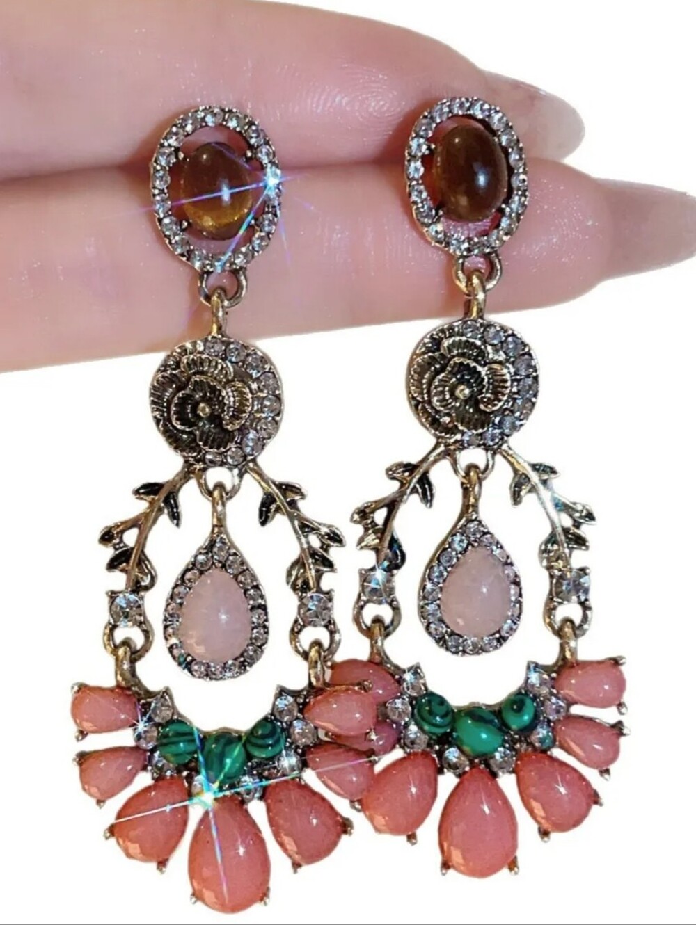 Gold-Tone Pink/Teal Green Tigers Eye Like Crystal Teardrop Chandelier Earrings
